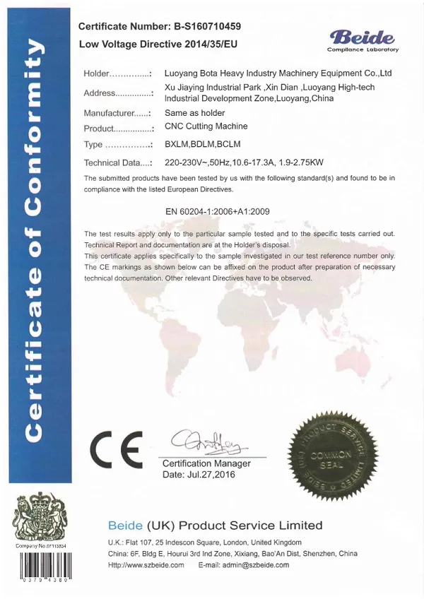 CNC Cutting Machine Certification